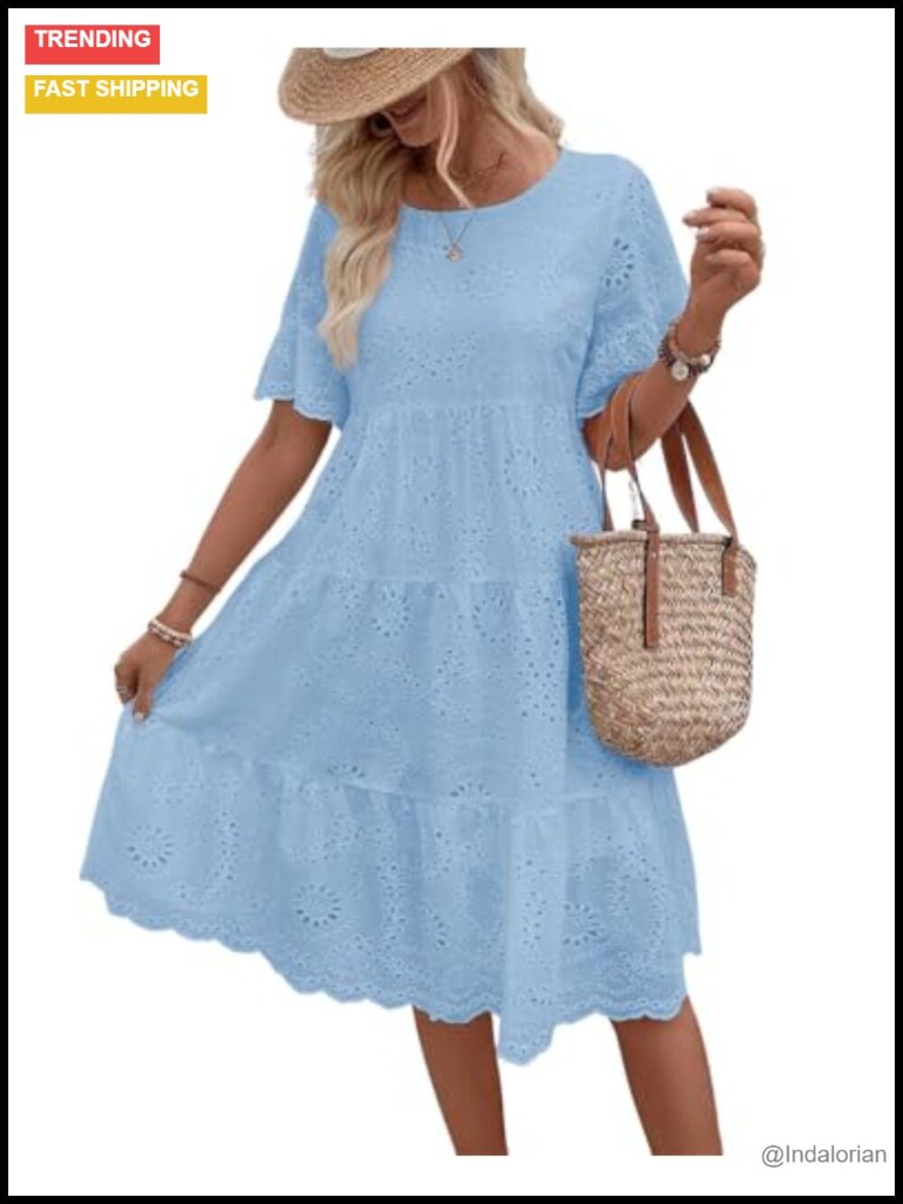 Women's Lace Eyelet Short Sleeve Tiered Midi Dress Ruffle Hem Babydoll Cotton